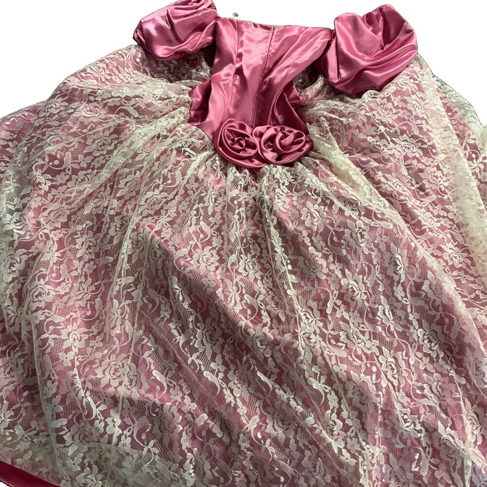 Vintage Pink Satin & Lace Rose Dress Handmade Puff Sleeve Romantic Princess